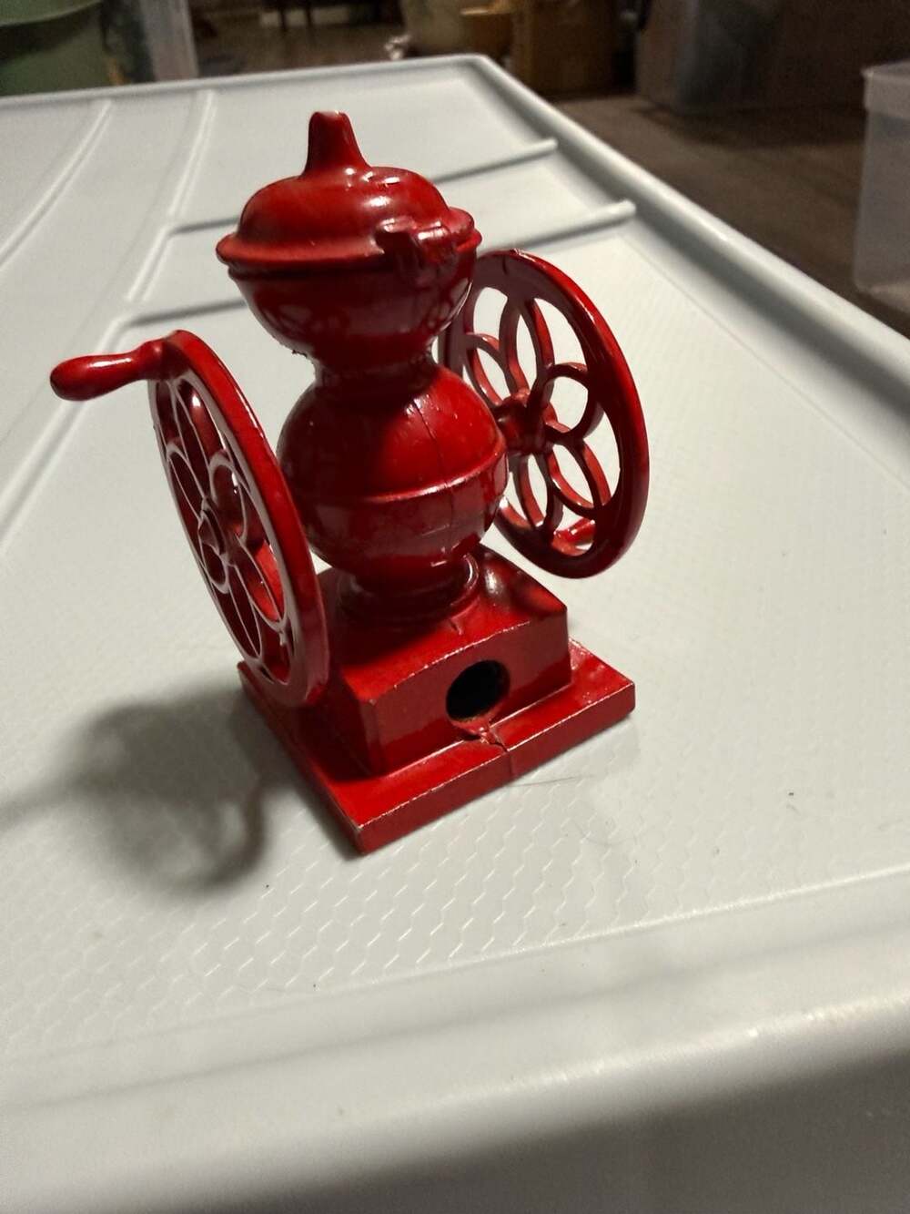 Vintage Die Cast Metal Red Coffee Grinder Pencil Sharpener
